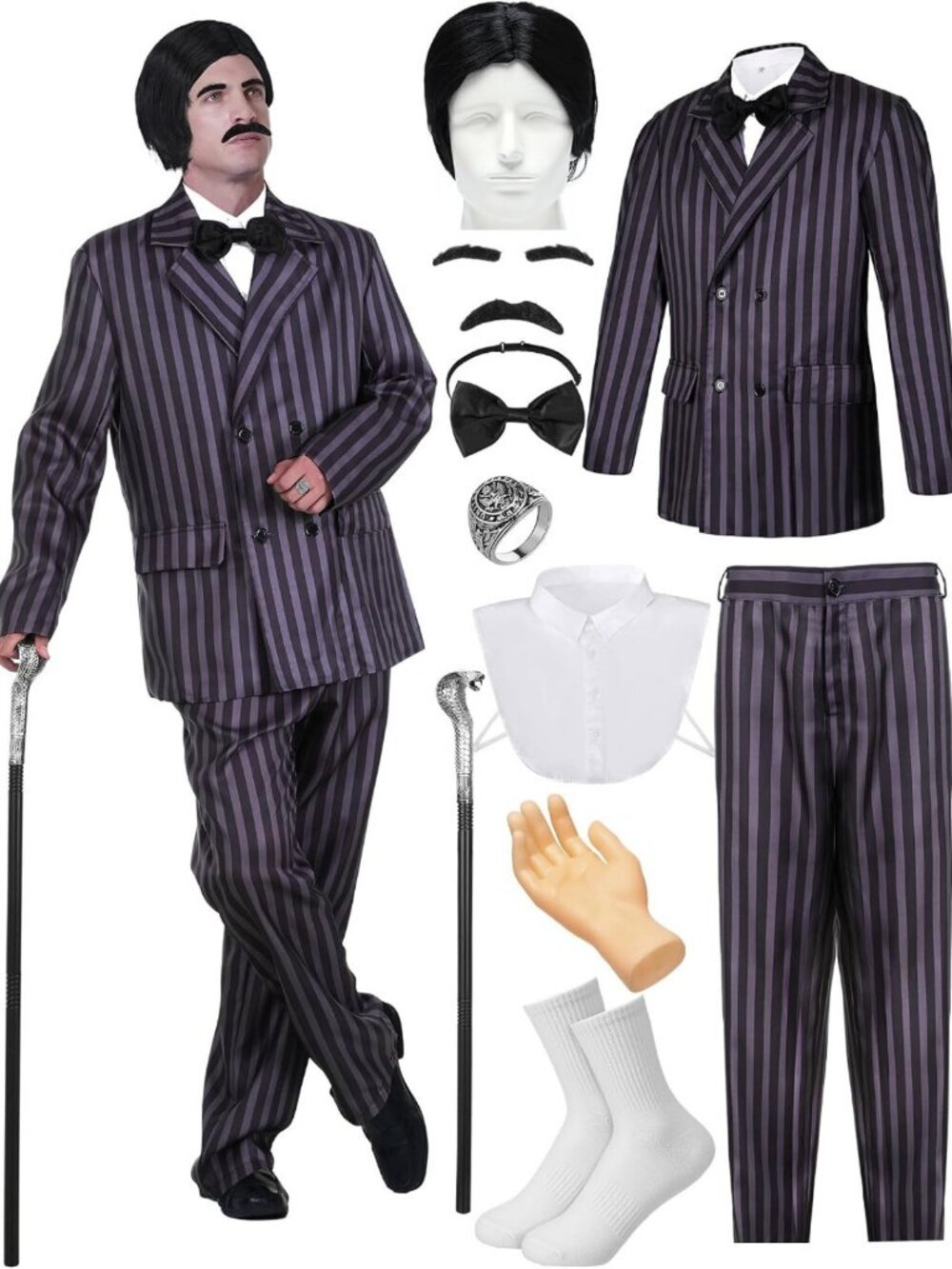 12 Pcs Men's Black Striped Halloween Costume Set | Spooky Party Outfit